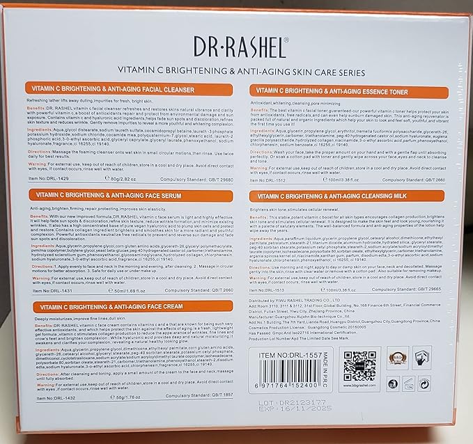 Dr Rashel Vitamin C Skin Care Series , Contains Hyaluronic Acid, Anti Aging and Collagen Essence ( Pack Of 5 Piece Set ) + 1 Pcs of Vitamin C Silk Mask