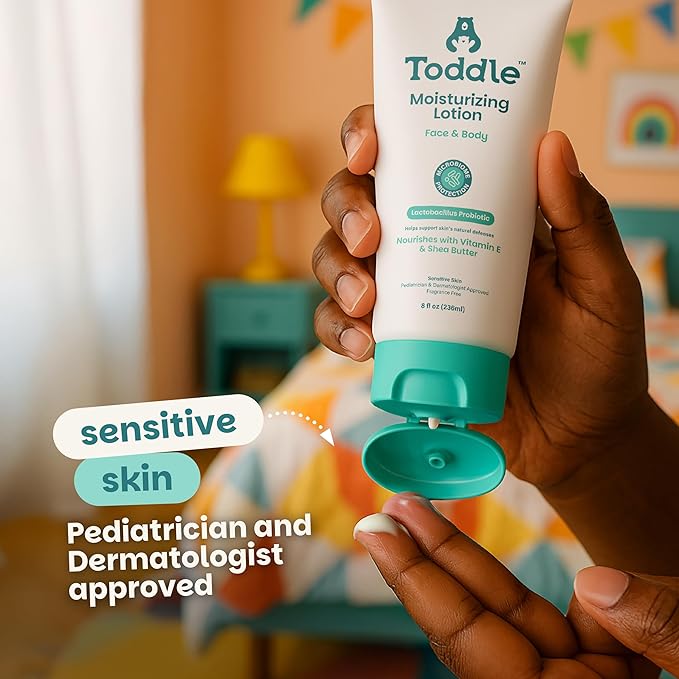 Toddle Probiotic Moisturizing Lotion for Face & Body, Eczema & Dry Skin Relief, Fragrance-Free with Vitamin E, Shea Butter for Sensitive Baby & Kids Skin, Pediatrician-Approved, Travel Size 1.7oz