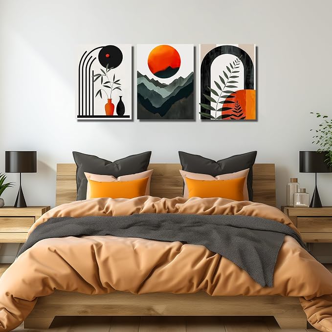 DNIEOTU Bohemian Wall Art for Living Room, Boho Geometric Shapes Canvas Wall-Decor for Bedroom, Minimalist Mountain and Moon Picture Prints, Size 16 x 24 Inches 3-Pieces