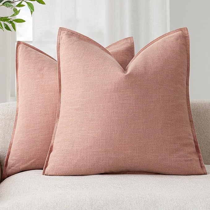 Foindtower Pack of 2, Decorative Linen Solid Throw Pillow Covers Soft Accent Euro Cushion Case Boho Farmhouse Pillowcase for Chair Couch Sofa Bedroom Living Room Home Decor 18 x 18 Inch Coral Pink