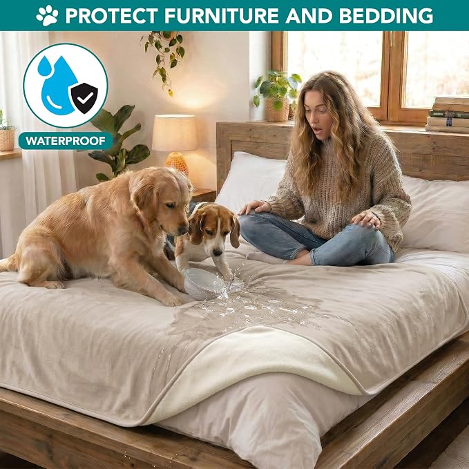 PetAmi Waterproof Dog Blanket for Couch, Pee Proof Reversible Cat Blanket for Sofa Bed Furniture Protector, Soft Fleece Washable Pet Throw for Dogs Cats Puppies Kittens, 60x80 Taupe Beige