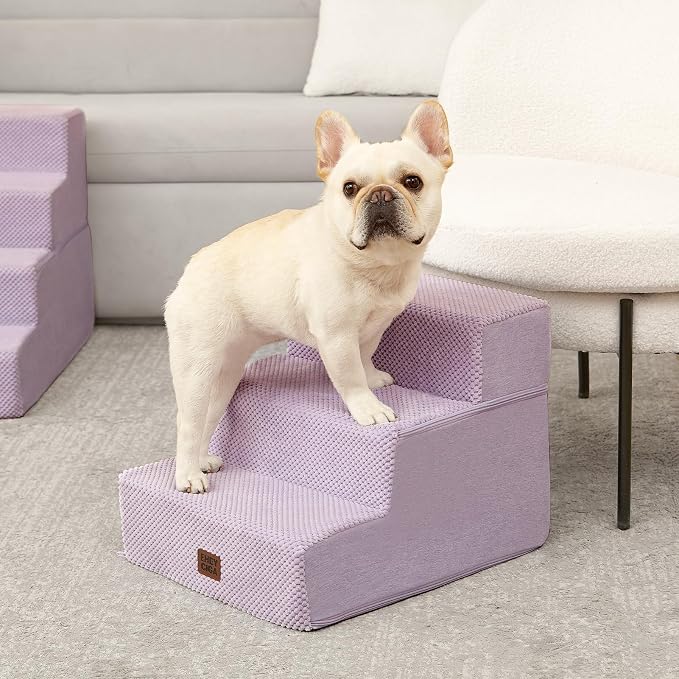 EHEYCIGA Dog Stairs for Small Dogs 13.5" H, 3-Step Dog Steps for Cats, Lilac