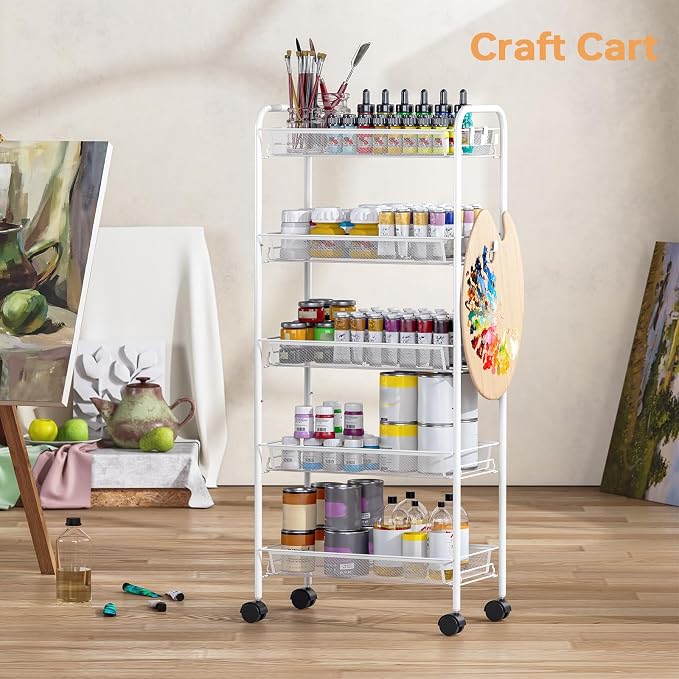 TOOLF 5 Tier Rolling Cart, Metal Utility Storage Cart with Wheels, White | 3 Hooks, Screwless Assembly, Trolley Organizer for Bathroom, Kitchen, Office, Nursery, Dorm, Laundry Room