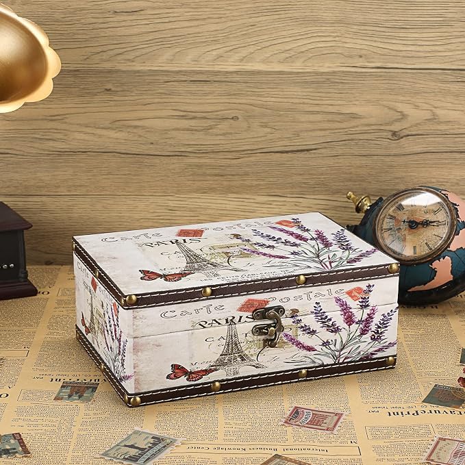 Hipiwe Chest Treasure Box Vintage Wooden + PU Leather Jewelry Boxes | Decorative Trinket Memento Case Box Keepsake Boxes Gifts Home Decor (Lavender)