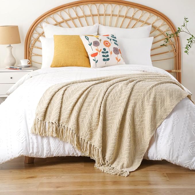 BATTILO HOME Beige Throw Blankets for Couch, Knitted Tan Throw Blanket for Twin Bed, Super Soft Warm Large Throws for Home Decor, 60" x 80"