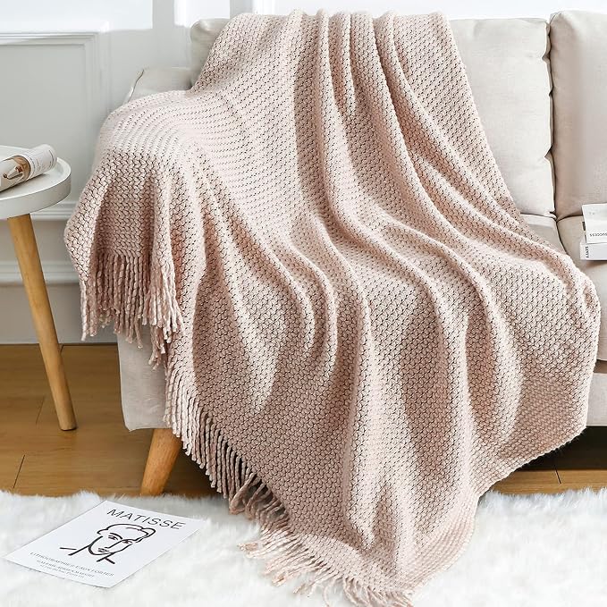 Blagic Wheat Textured Throw Blanket for Couch,Light Pink & White,50"x60" | Soft Farmhouse Boho Throw Blanket with Tassels,Decorative for Living Room,Gifts for Adults,All Season Use