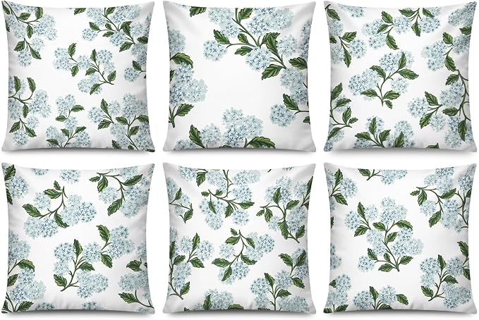 COMMINY Blue Dhalia Linen Pillow Covers 18x18 Set 6 Farmhouse Throw Cover | Decorative Flower, Breathable Linen, Standard Throw Pillow Size, Bedroom Accent Couch Sofa, Spring Summer Decor
