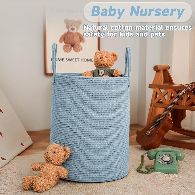 JMvicyroam 100L Cotton Rope Laundry Basket Hamper, Blue | Collapsible laundry basket, reinforced handles, freestanding, machine washable, holds 3-5 thick blankets, clothes or toys