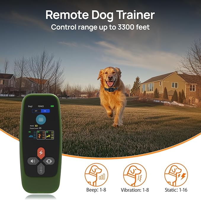 Fsitego Wireless Dog Fence System, 4‑in‑1 Electric Fence with Training Collar, Remote Control, Bark Control & Status Monitor, Waterproof Receiver for Medium & Large Dogs Outdoor Containment Vine 1