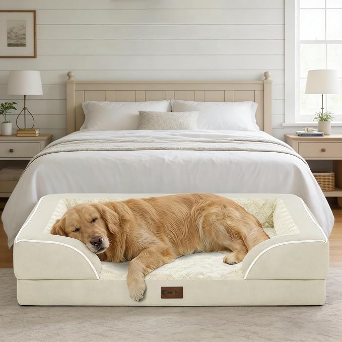 Waterproof Orthopedic Dog Bed for Large Dogs, 36x27in, Beige | Orthopedic Foam Eases Joint Pressure, Bolsters Supports Head And Neck, Washable Pet Beds, Removable Cover, Non-Slip Bottom