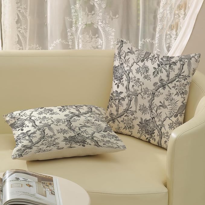 Black Floral Bird Pillow Covers 18x18 Set of 2 Chinoiserie Throw Pillows Black Vintage Flowers Bird Decorative Pillow Cases Outdoor Chinoiserie Decor Farmhouse Cushion Case for Couch Sofa