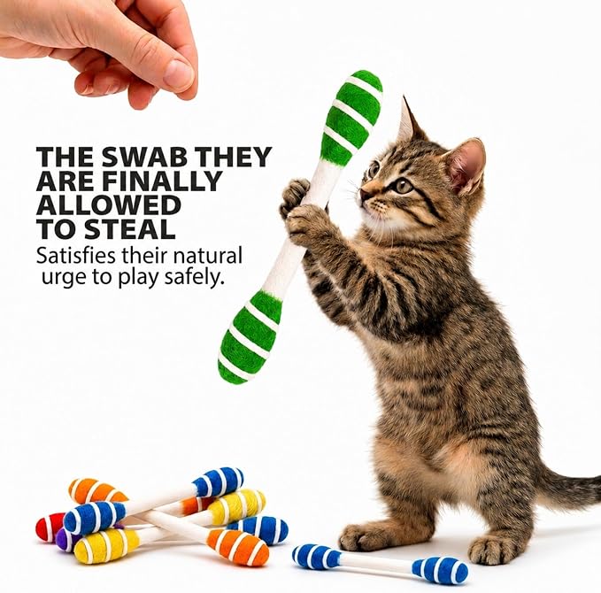 Glaciart One Swabs Cat Toys with Catnip - 6 Pk | Durable for Chew, Cute Cat Toys Interactive Kitty for Boredom, Exercise, & Play | Filled w/Organic Catnip for Anxiety & as Digestive Aid | Gift Idea