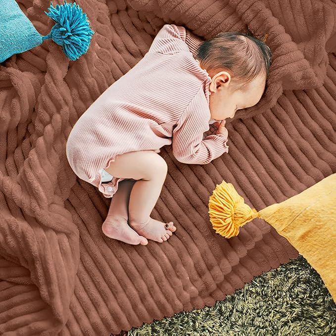 DISSA Fleece Blanket Throw Size – 51x63, Caramel – Soft, Plush, Fluffy, Fuzzy, Warm, Cozy – Perfect Throw for Couch, Bed, Sofa - with Pompom Fringe - Flannel Blanket Throw Blanket
