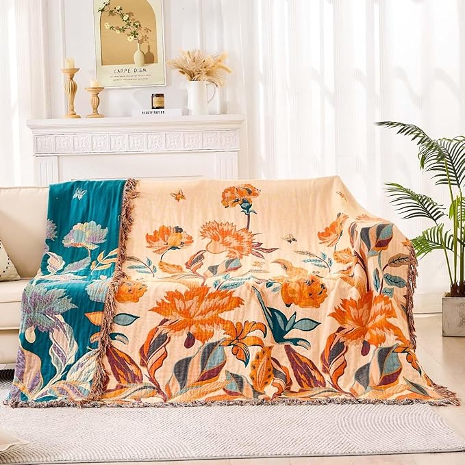 XIBLC Boho Throw Blanket for Bed, 100% Cotton Soft Rustic Quilt Fall Blanket, 90"x98" Floral Printed Farmhouse Decor Bed Blankets, All Season Rustic Reversible Bohemian Throw Quilt