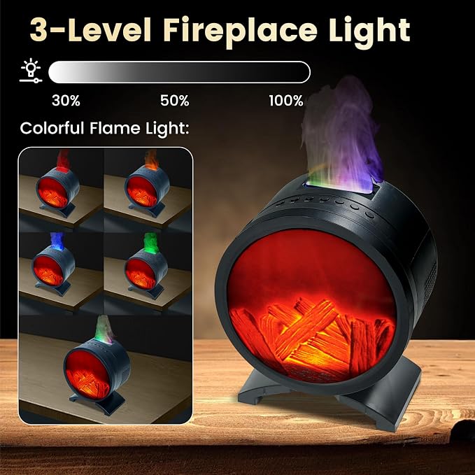 Round Fireplace Essential Oil Aromatherapy Diffuser with Speaker | 260ML Humidifier,Colorful Light,Realistic Flame Mist,Remote Control,Plug in,Timer Setting