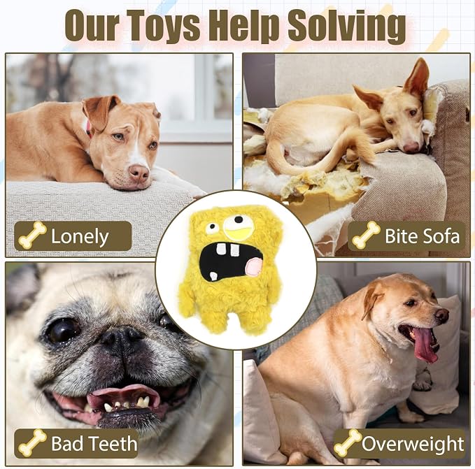 Monster Stuffed Squeaky Dog Toy, Crinkle Dog Plush Toy, Yellow | Soft Lightweight Toy for Fetch and Chew, Interactive Outdoor Indoor Play for Tug, Birthday Gift, For Puppy Small Medium Dog