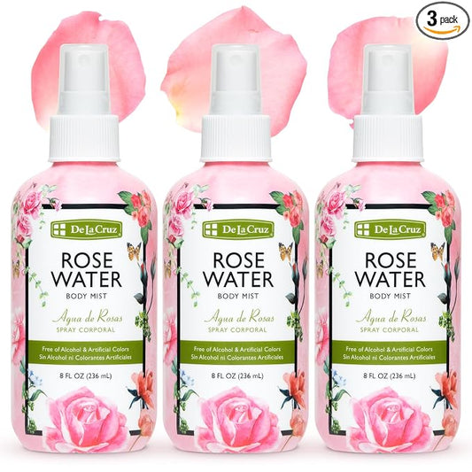 De La Cruz Pure Rose Water Body Mist,Rosewater Spray for Face, Skin & Hair, Rose Toner & Rose Water for Hair Alcohol Free, Paraben Free 8 fl oz (3 Bottles)