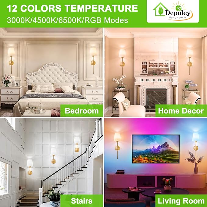 Depuley Battery Operated Wall Sconce: Set of 2 Wireless Wall Lights with Remote for Bedroom - Rechargeable 15 Colors Gold Wall Lamp for Living Room Hallway (Pack of 2)