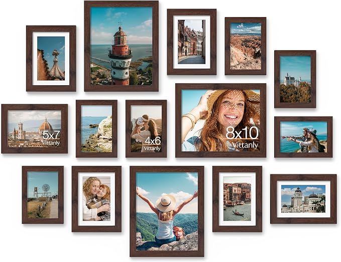 Vittanly 15 Pack Picture Frames Collage Wall Decor, Wall/Tabletop Display | Light Brown, Multi-Size Gallery Wall Frame Set: 3pcs 8x10, 6pcs 5x7, 6pcs 4x6. Picture Frame Set for Family
