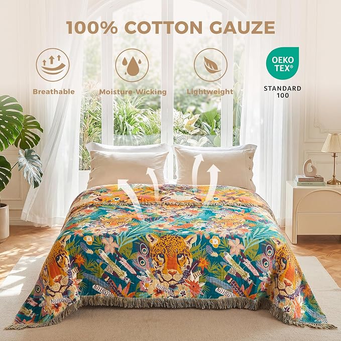 LUTBM Boho Throw Blanket for Bed 60"x80", All Season Cotton Couch Blankets | Reversible Leopard Jacquard, Gauze Twin Quilt, For Chair Sofa Living Room, Lightweight & Breathable, Whimsical Home Decor