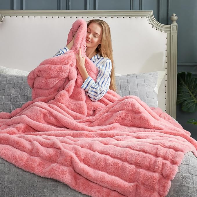 Cozy Bliss Deluxe Sheared Rabbit Faux Fur Throw Blanket, Soft Fuzzy High-Low Sculpted Plush Blanket for Couch, Cozy Home Accent, All Season Use, Pink 60"x80"