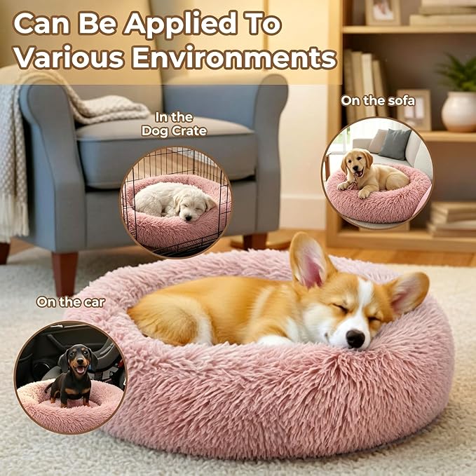 Calming Anti-Anxiety Donuts Dog And Cat Bed, Round Fluffy Soft Washable Small Medium Pet Bed For Puppy And Kitten, Cuddler Warming Comfortable Luxury Anti-Slip Waterproof Mute Base 24in Pink