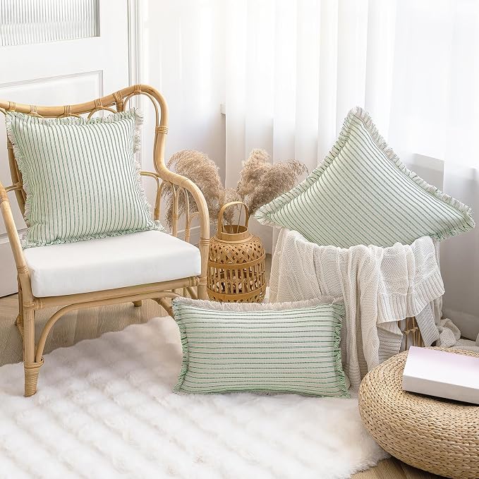YEENAASY Throw Pillow Covers 18x18 Boho Striped Pillow Cases with Tassel | Set of 2 Fringe Pillow Cover Farmhouse Cushion Covers Neutral Pillows Decorative Square Pillowcase for Couch Sofa Bed, Green
