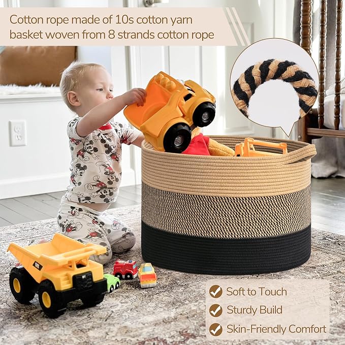 INDRESSME XXXLarge Woven Rope Blanket Basket Living Room, 90L | 21.7" x 13.8" Storage baskets for toys laundry & pillows. Fits living room, bedroom or nursery décor. Soft-touch with handles