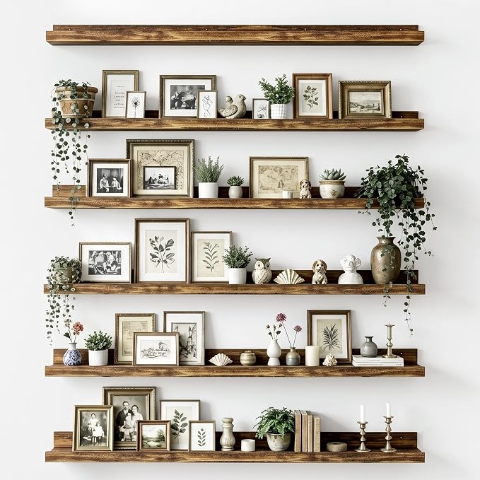 upsimples Floating Shelves for Wall Decor and Storage, Brown, 6Pcs 47.3'' | Wall Mounted Wood Shelves for Living Room, Bedroom, Kitchen, Office, Hallways Display and Organize Photos