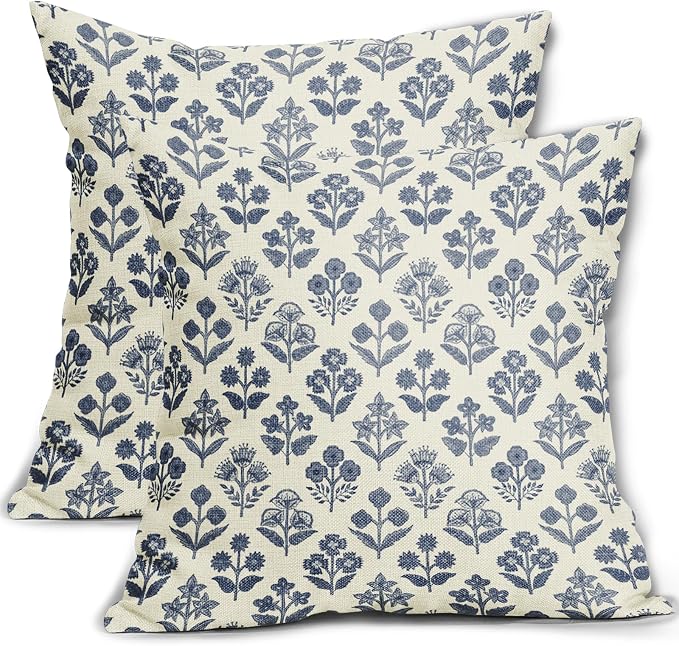 Dark Blue Floral Pillow Covers 24x24 Inch Set of 2, Vintage Flower Block Print Pattern Decorative Throw Pillowcases Outdoor Farmhouse Cushion Covers Spring Summer Rustic Sofa Couch Bed Decor