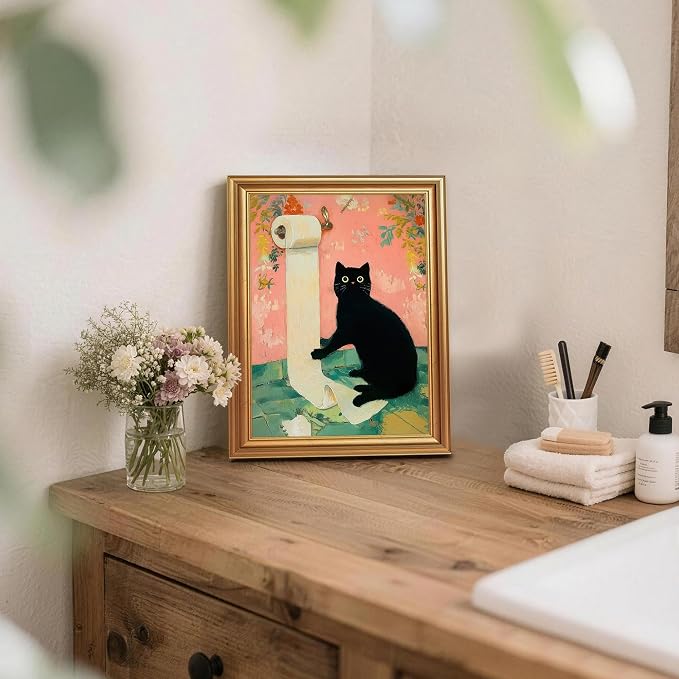 ICHZUMW Gold Framed Funny Black Cat Toilet Paper Canvas Wall Art, 8x10 In | Quirky Cat Print Humorous Pink Bathroom Wall Decor, Restroom Powder Room Guest Toilet, Fade Resistant, Ready to Hang
