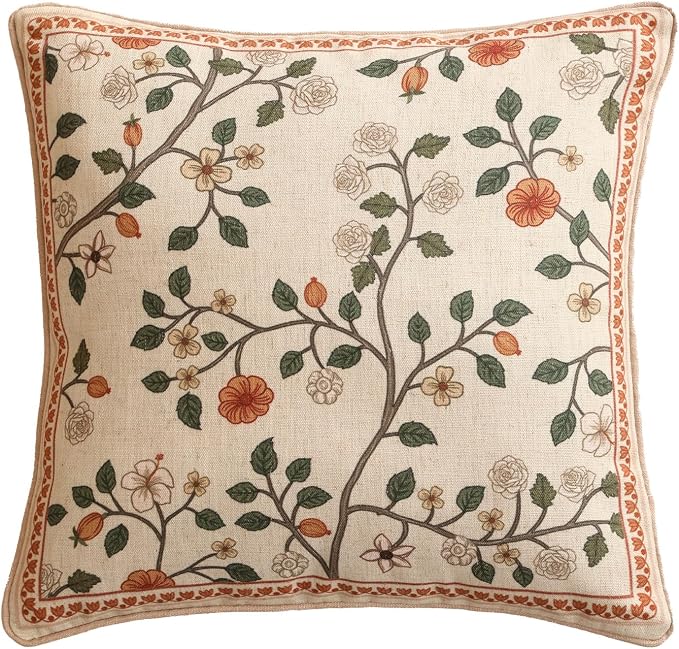 Designer Elegant Vintage Linen Throw Pillow Cover,18"x18"-Flora A | French Square Decor Pillow Cover,Concealed Zipper Design,Floral Pattern,Sofa,Bedroom,Living Room,Lounge Chairs