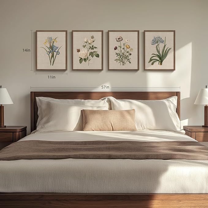 Framed Vintage Botanical Floral Wall Art for Bedroom, 4 Piece 11x14 In | Modern farmhouse wall decor, Flower pictures, Rustic retro paintings, Ready to hang canvas prints, Kitchen bedroom home decor