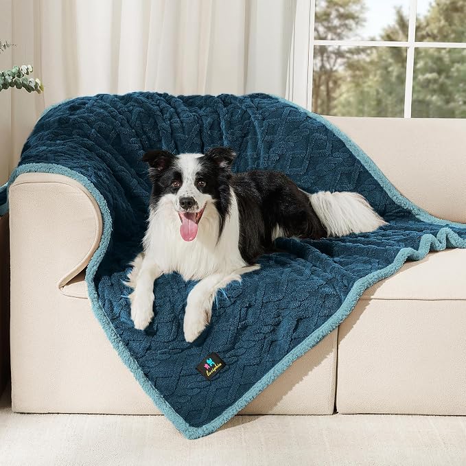 Luciphia Waterproof Dog Blanket, Reversible Sherpa Fleece for Couch Cover | Reversible waterproof pet blanket with soft Sherpa fleece; machine washable, protect couch bed car, Navy-thicken 65" x 57"