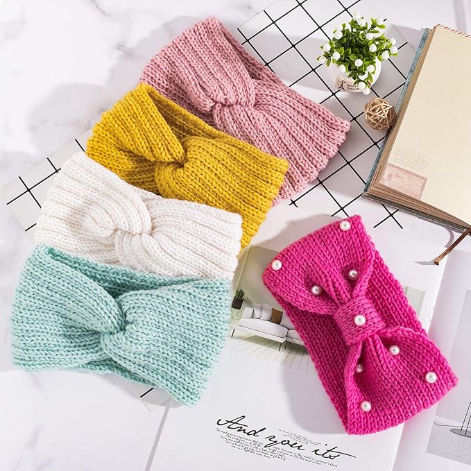 Whaline 5 Pieces Knit Headbands Winter Ear Warmers, 4 Elastic Turban Head Wraps and 1 Pearl Crochet Hair Band, Hair Scrunchies Scarves for Women Girls (Candy Colors)