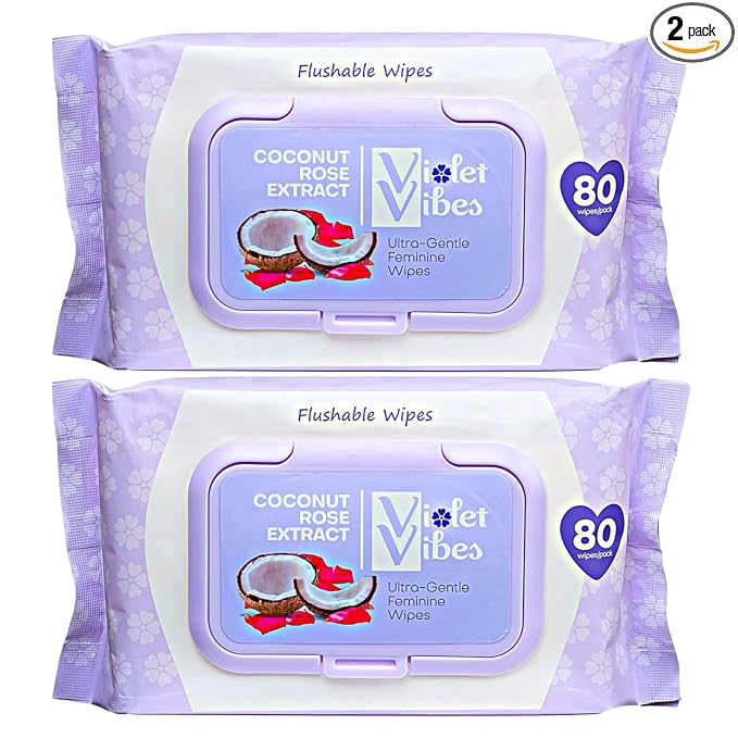 Violet Vibes Toilet-Friendly Coconut Rose Wet Wipes for Women | Butt & Vaginal Freshness | Soft, Clean, Refreshing Hygiene | Dermatologist Approved Flushable Feminine Wipe for Sensitive Skin 160 ct