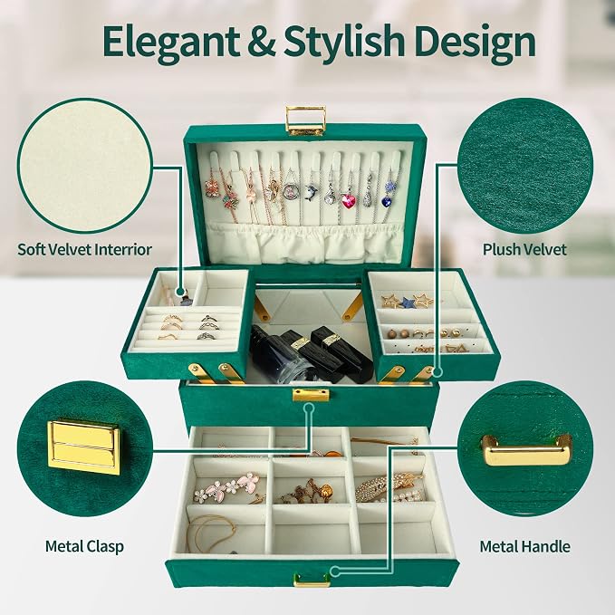 Jewelry Organizer Box, Large Velvet Jewelry Boxes for Women Girls, Space-Saving 3 Layers Jewelry Storage Case with Drawer, Movable Metal Stand, Modern, Gift Idea (Green)