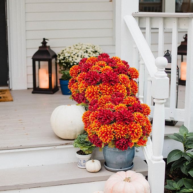 4 Bundles Large Artificial Fall Flowers Faux Mums for Outdoor Planters | Silk Fake Chrysanthemums Bouquet for Home Vase Outside Front Porch Table Floral Arrangement Wedding Autumn Decor