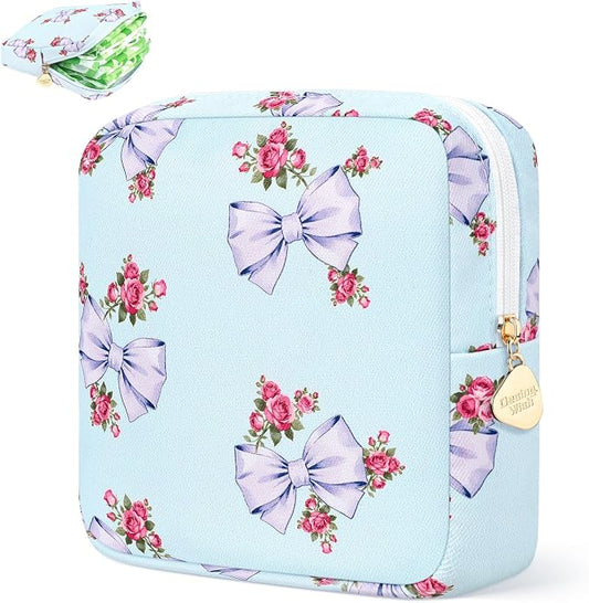 Sanitary Pad Storage Bag Portable Period Bag for Teen Pads/Sanitary Napkins/Small Tampons, Sanitary Napkin Storage Bag First Period Gifts for Teen Girls (Blue Rose Bowknot)