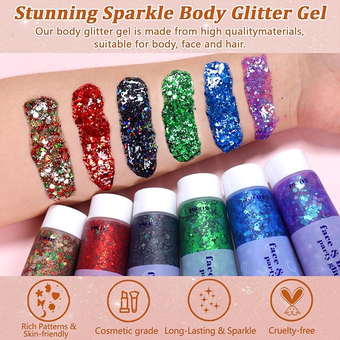 Boko 50ML Body Glitter Gel, Iridescent White Chunky Glitter Gel for Face Hair Body Sparkle Makeup, Mermaid Face Glitter Sequins for 4th of July Independence Day Party Rave Accessories