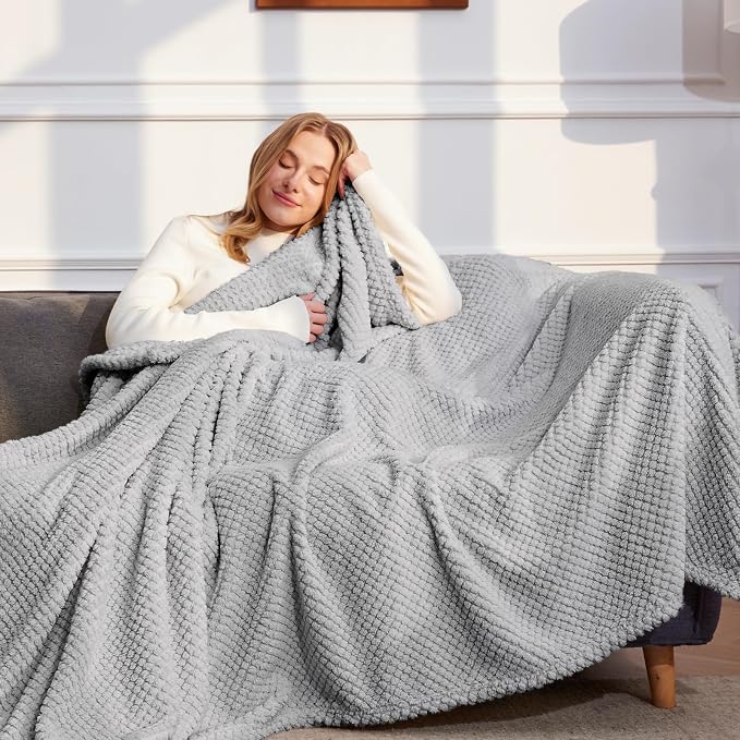 Whale Flotilla Soft Fleece Queen Size Bed Blanket, Light Grey | 90x90 Inch, Suitable for Bed, Fluffy Fuzzy Jacquard Blankets for All Season, Lightweight and Cozy