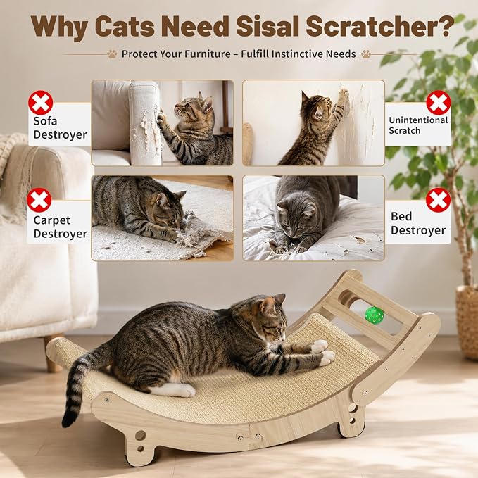 31.5" Sisal Cat Scratcher Bed with Bell Balls Wooden Cat Furniture(XXL) | Cat Scratching Post for Indoor Cats Hammock.Natural Sisal Cat Scratch.Anti Slip and Stable Without Shaking.Easy to install