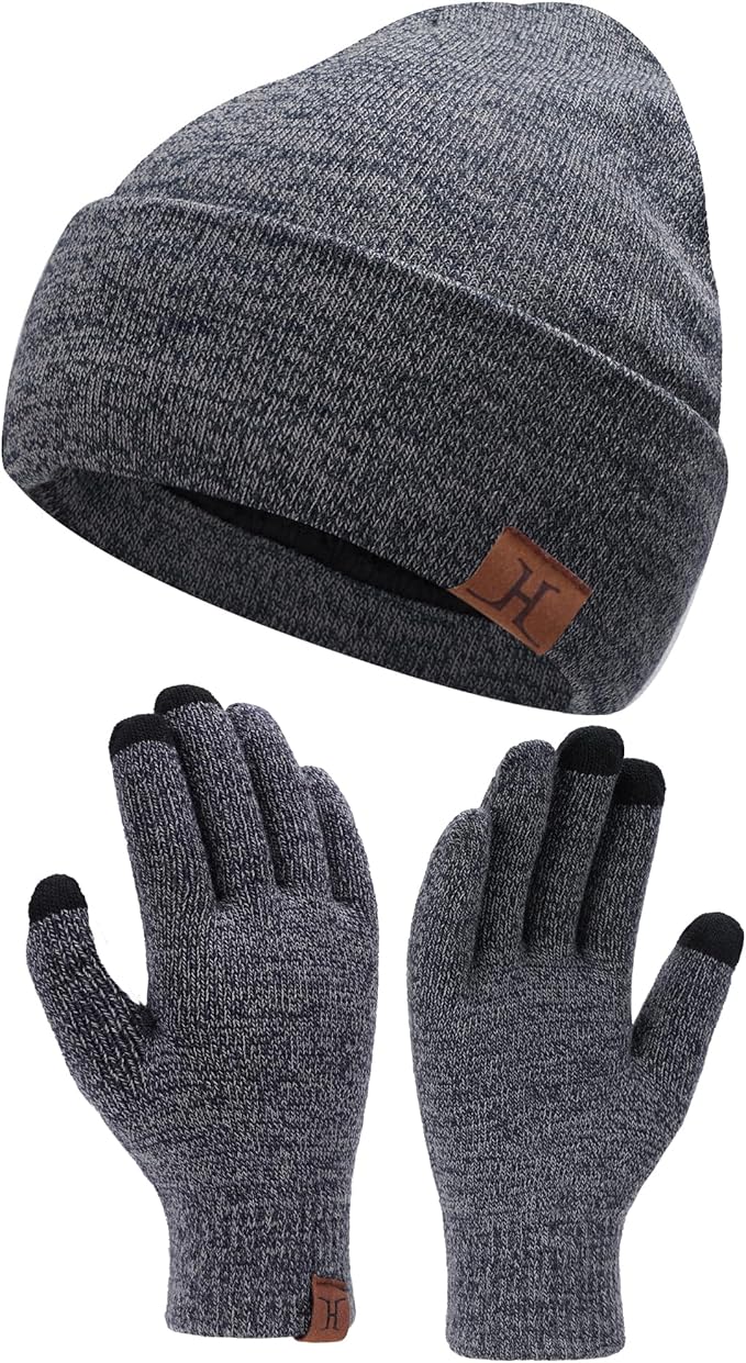 Winter Warm Beanie Hat Touchscreen Gloves Set, Soft Skull Cap Gloves Set for Men and Women with Warm Knit Fleece Lined