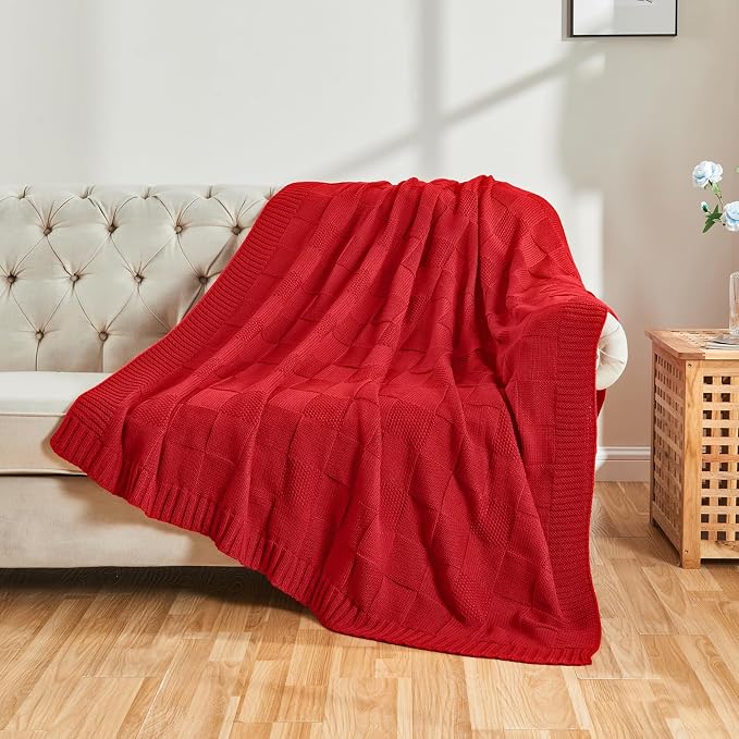 CozeCube Christmas Red Knitted Checkered Throw Blanket 60"X80" | Check Knit Throw for Couch, Decorative Christmas Soft Cozy Warm Blanket for Bed Sofa Living Room
