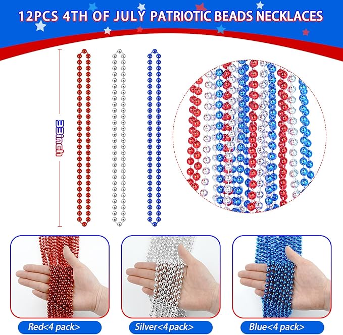 SHAOQINLIN 12 PCS Patriotic Beads Necklaces, 4th of July Bead Necklace, 4th of July Accessories, 33'' Metallic Red/Silver/Blue Party Beads for Patriotic Day, Carnival Party Favors