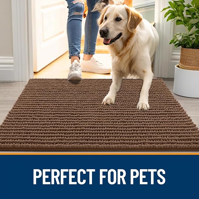 OLANLY Dog Door Mat for Muddy Paws 34x21, Extra Absorbent Chenille Mud Mat | Mocha, Absorbs Moisture and Dirt, Non-Slip Machine Washable Doormat, Quick-Drying Indoor Entryway Floor Mat for Dogs