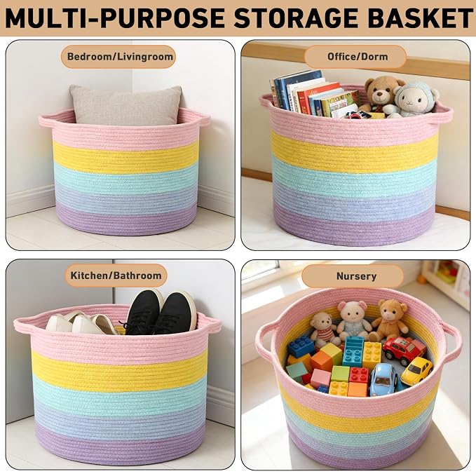 90L Large Blanket Basket,Rope Woven Laundry Basket-Colorful | Collapsible, reinforced handles, nursery storage bin organizes clothes, toys and pillows for living room, bedroom bathroom