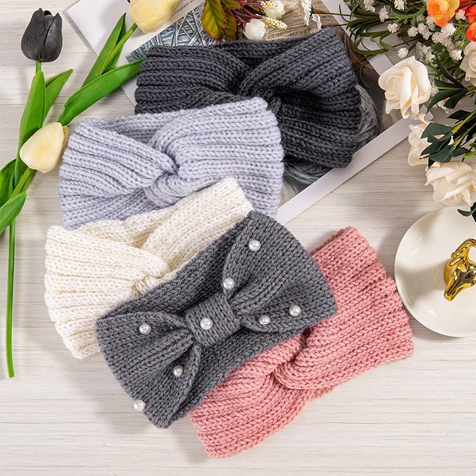 Whaline 5 Pieces Winter Knit Headbands Chunky Knit Headbands,4 Elastic Turban Head Wraps and 1 Pearl Crochet Hair Band, Ear Warmer Crochet Head Wraps for Women Girls (Pink & Gray Colors)
