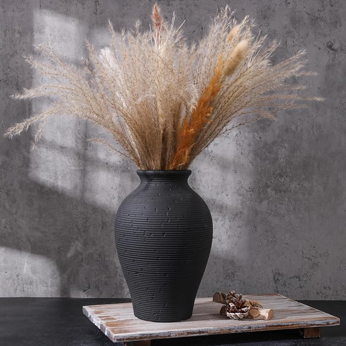 Ceramic Flower Vase Home Decor, 9 in Farmhouse Table Vases Rustic Vintage Living Room Kitchen Bedroom Pottery Decorative Vases for Flowers House Book Shelf Office Coffee Desk Dining Entryway, Black