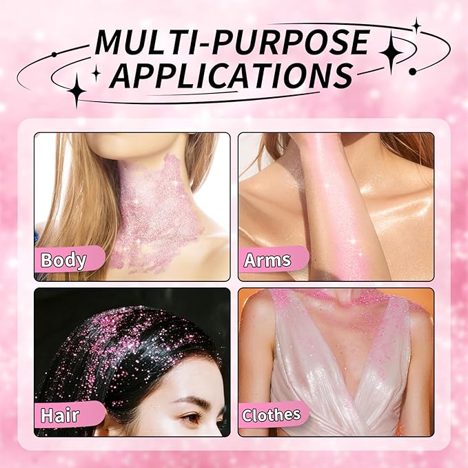 Pink Body Glitter Spray, Shiny Glitter Spray for Hair Body and Clothes, Long-Lasting Sparkle, Holographic Ultra Fine Shimmer Powder Glitter Hairspray for Rave Prom Makeup Halloween Crafts
